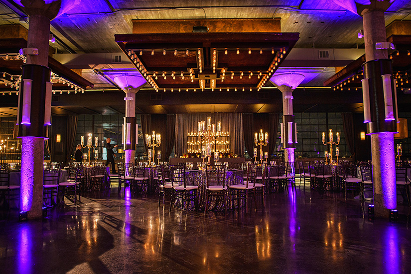 houston wedding, the astorian, black & gold, purple lighting, tablescape