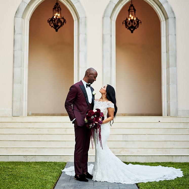 Burgundy, Ivory, gold, wedding, couple, bouquet, arch, photography