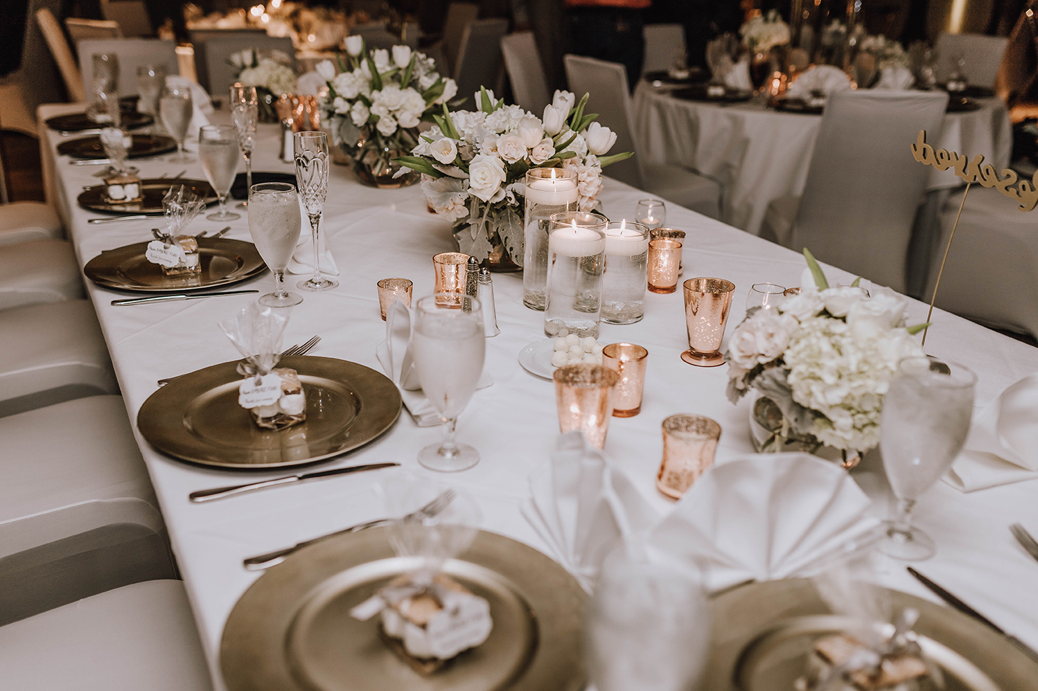 houston wedding, tablescape, place setting, white, copper, gray, reception, decor