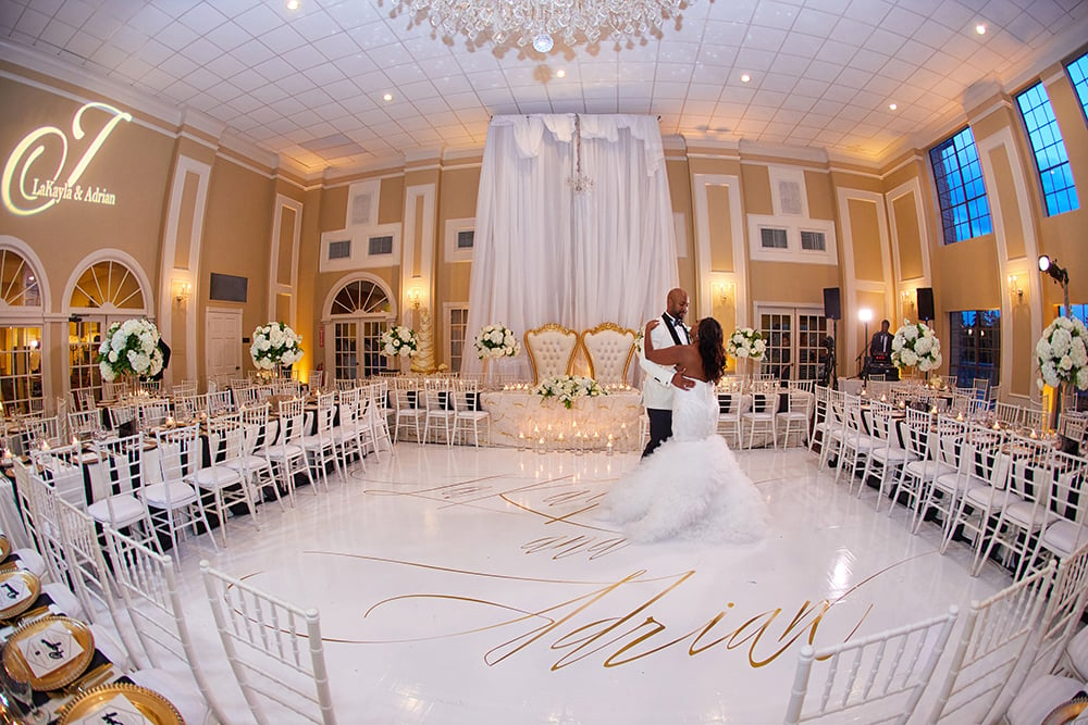 customized dance floor for gold and white wedding