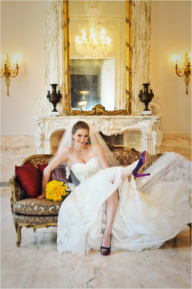 bridal vignette with purple shoes