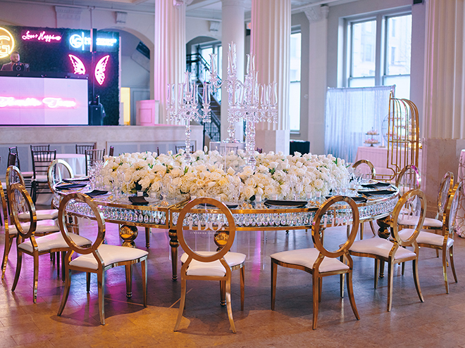 gold table, gold chairs, white flowers, luxury wedding decor