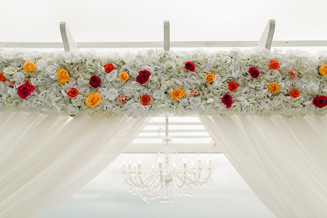 outdoor ceremony, canopy, decor, flowers, red, yellow, white, dream bouquet 