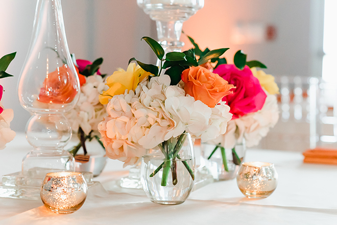 wedding decor, centerpieces, simple, colorful, pink, orange, white, yellow, simple, dream bouquet