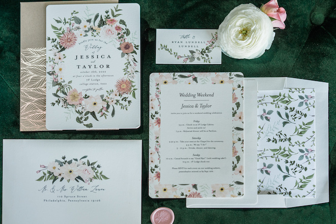 Floral-themed invitation suite.