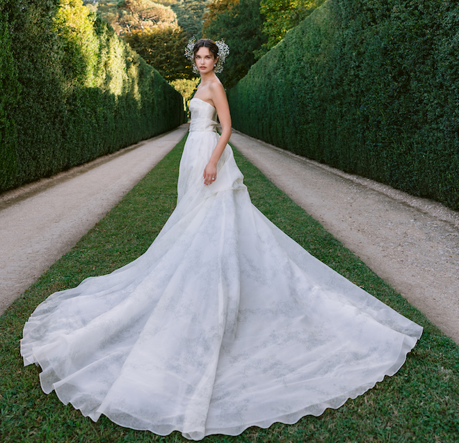 René Gown bold floral strapless bustier wedding dress with long train – Mia  Bella Couture