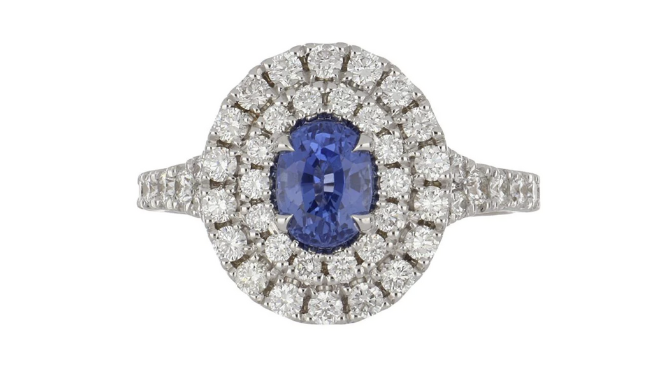 White Gold Oval Sapphire Ring with Double Diamond Halo