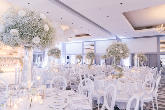 The ballroom of the Omni Houston Hotel decorated with white round tables and large floral arrangements of white florals and baby's breath. 