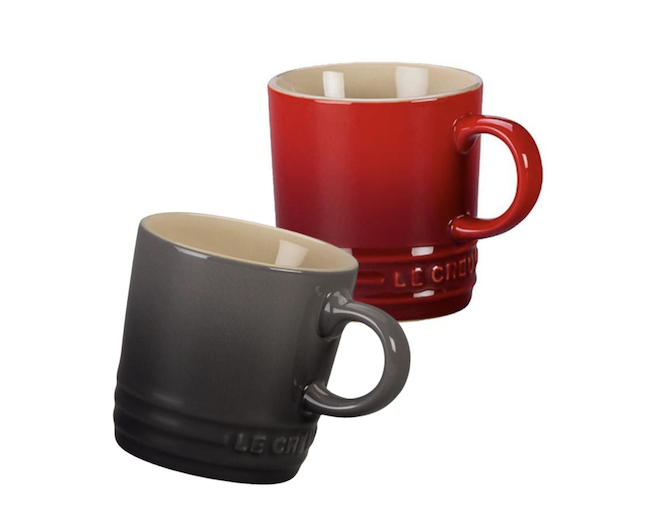 Red and gray Le Creuset espresso mugs. 