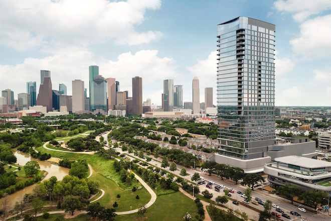 An exterior shot of Buffalo Bayou with the Thompson Houston and the downtown skyline. 