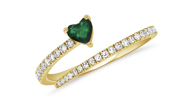 A diamond and emerald crossover ring available at Zadok Jewelers in Houston.