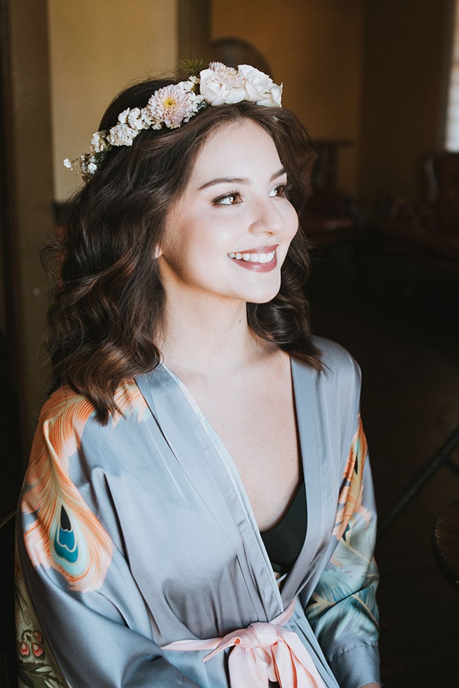 The bride gets ready for her art nouveau wedding in Houston. 