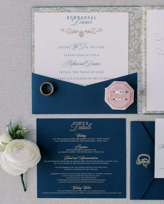 A white, blue and gold invitation suite. 