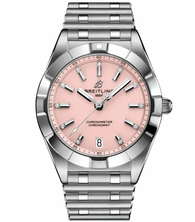A leading watch brands for the bride is the Breitling Chronomat 32 Stainless Steel Pink Watch.