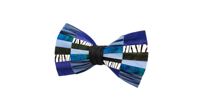 A blue bow tie made of feathers is available at Bering's.