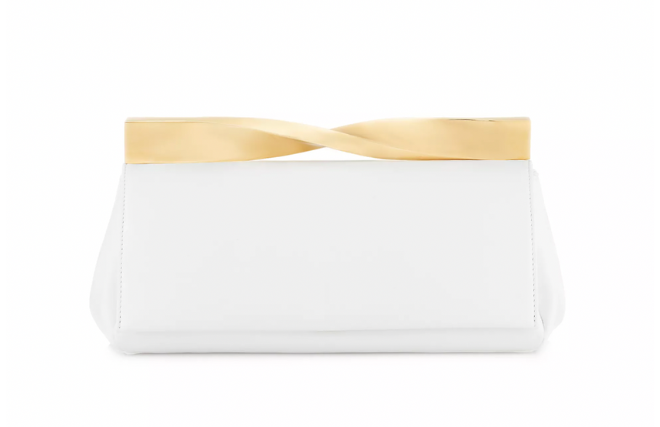 A square white clutch with a gold twist top. 