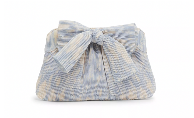 Blue and white printed pleated purse with a bow. 