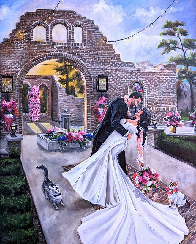 Live wedding painters Rendered Moments capture a special moment from the couples wedding day on canvas.