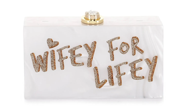 Rectangle mother of pearl clutch with "Wifey for Lifey" glitter letters.