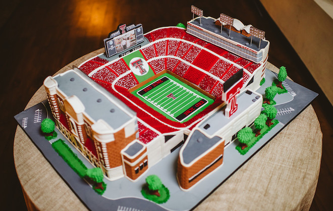 The Texas Tech football stadium designed into a cake for a groom's wedding cake.