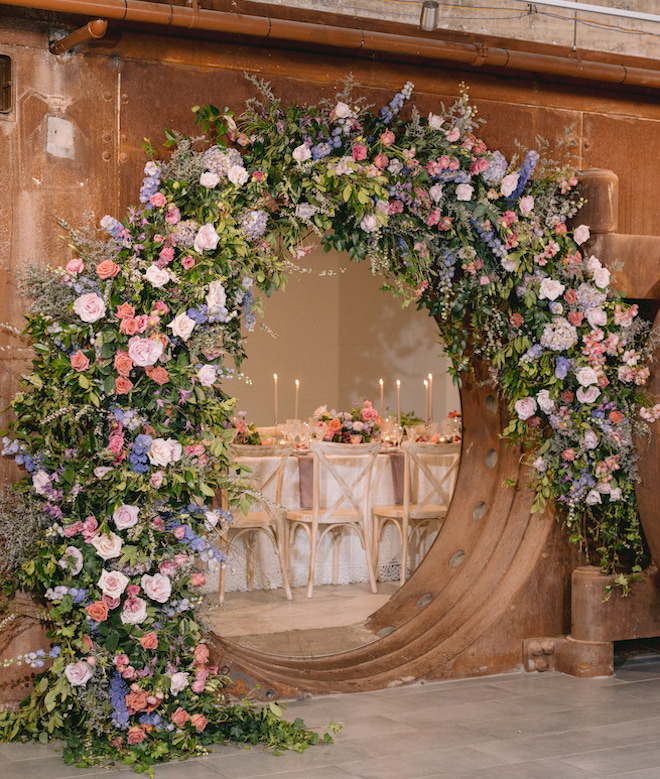 The vault decorated in colorful florals with an inside dinner room. 