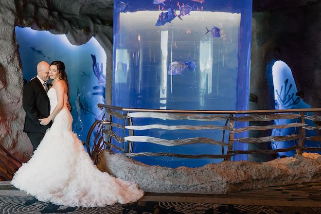 A wedding couple stands in front of blue fish tank and hugs closely besides fish. 