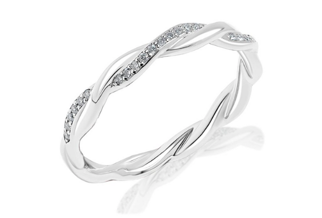 A high polish and diamond twist wedding band available at Zadok Jewelers.