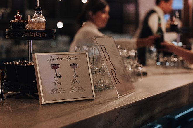 Signature cocktails of the bride and groom are served at the wedding reception. 