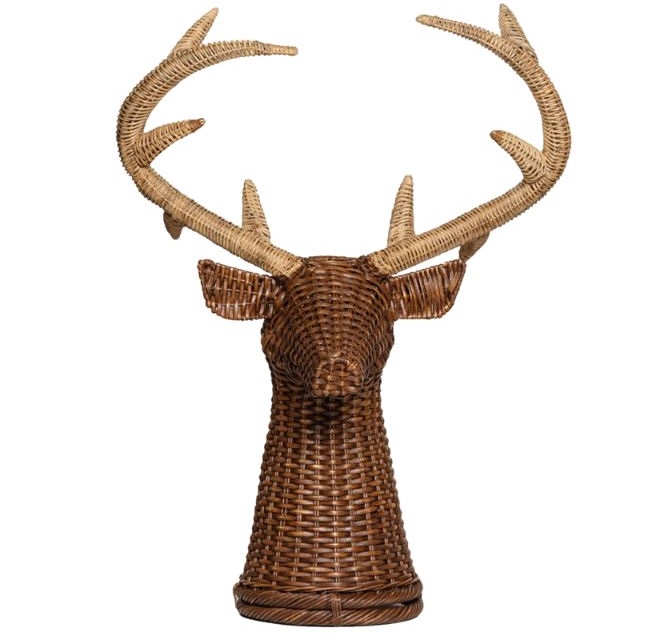 A brown wicker deer with light brown antlers.