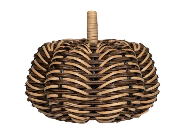 A brown wicker pumpkin. 