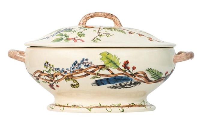 Lidded tureen with faux-wooden handles and a painterly forest floor motif.