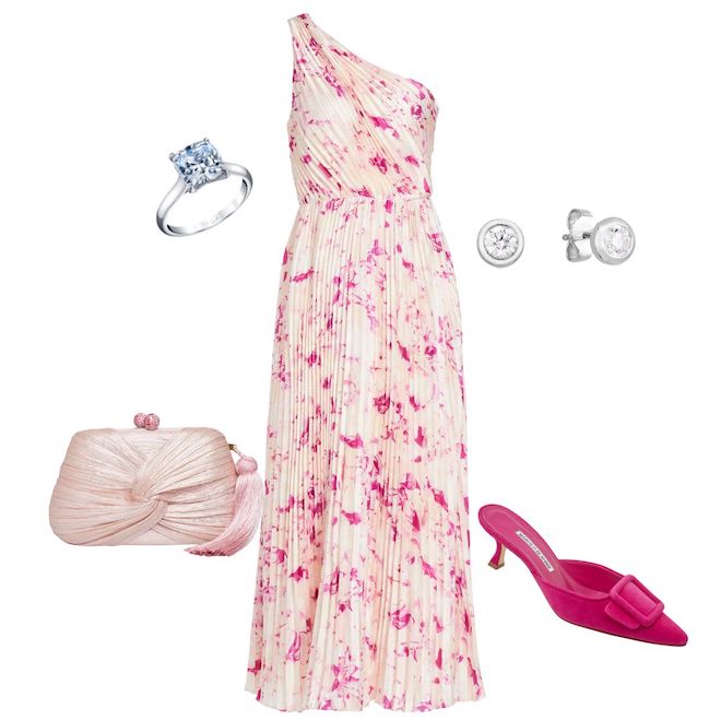 Pink dress collage with mathcing pink heels, pink purse, a silver diamond ring and silver earrings. 