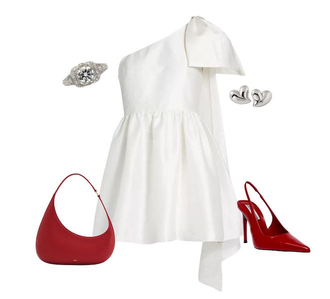 A mini one-shoulder white dress is paired with red sling-back heels, a red purse, silver heart stud earrings, and a silver diamond ring.