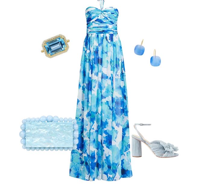 Fashion inspiration collage, blue floral dress paired with baby blue keels, blue crystal clutch, blue earrings, and a blue diamond ring. 