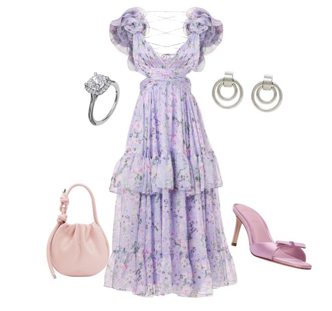 Purple dress paired with pink kitten heels, a pink bagguete purse, silver diamond engagement ring, and silver earrings. 