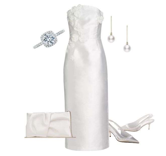 Bridal shower inspiration, white midi strapless dress paired with white heels, silver wedding ring, silver pearl earrings, and a satin purse.