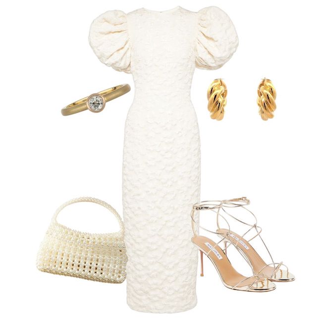 Photo collage, midi white puff-sleeve dress paired with gold heels, a pearl bag, gold hoop earrings, and a gold diamond ring. 