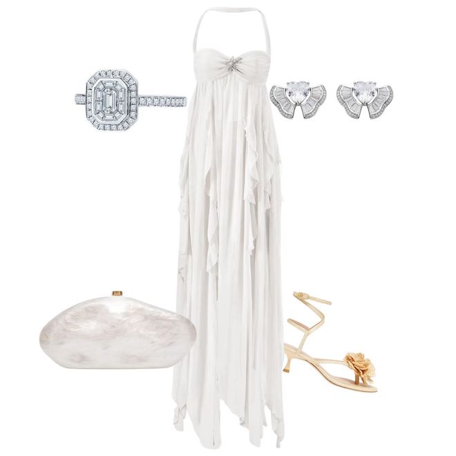 Dress inspiration for brides, a white flowy dress paired with beige sandals, a pearl clutch, diamond engagement ring, and silver diamond studs. 