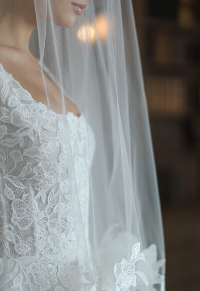 Close up of a bride wearing a embroidered dress with a veil over her face. 