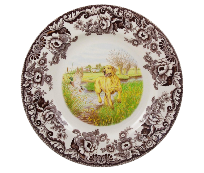 A plate with brown flowers on the rim with a golden retriever image in the middle. 