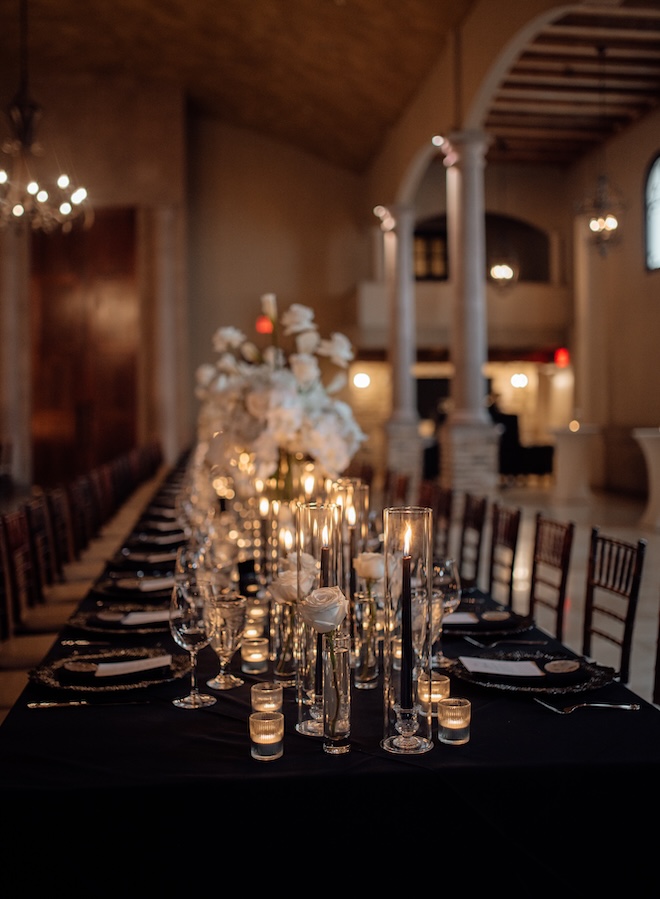 The bride and groom host their black and white wedding reception in Houston.