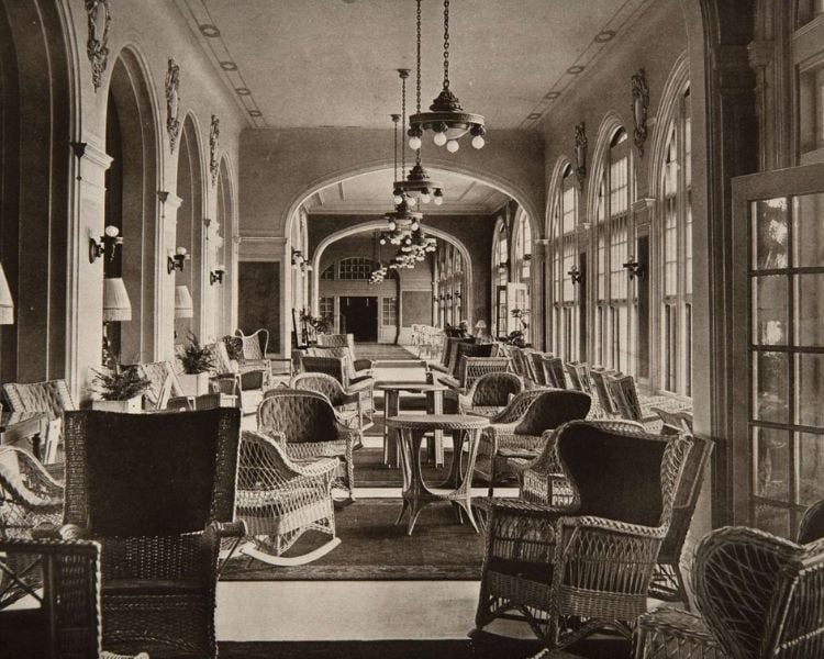 Historic photos of the interior of Grand Galvez, a haunted hotel in Galveston. 