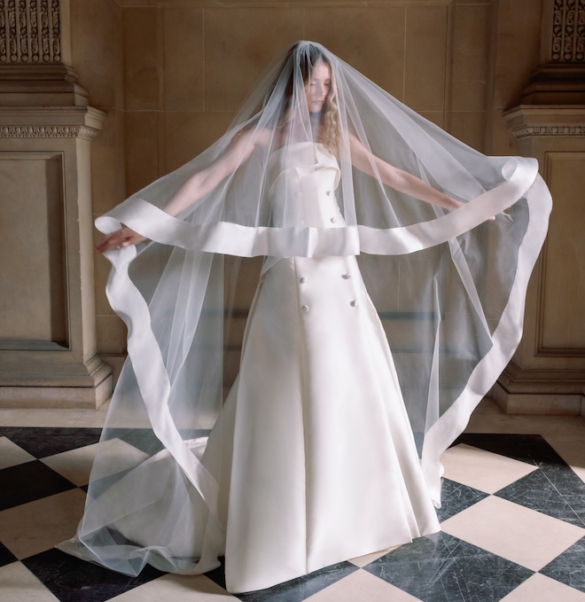 Mulberry Silk wide trim cathedral-length veil with blusher.