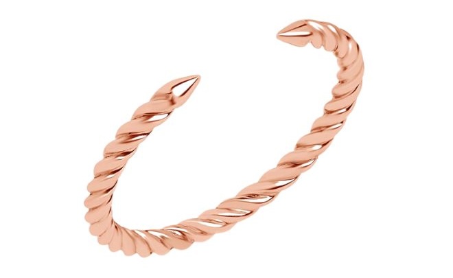 This solid metal ring features a twisted rope band, the open ends tapered to a point.