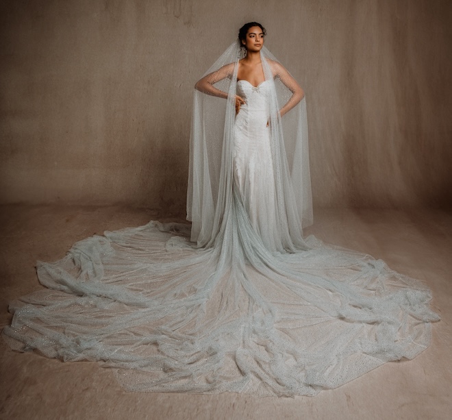 Bride wearing a strapless blue gown and matching veil with sparkles. 