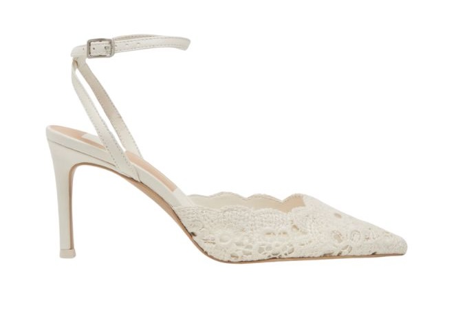 Slingback kitten heels in white with crochet detailing. 