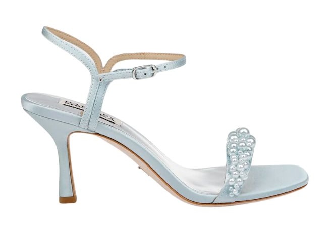 Baby blue high heels, open toe with a blue pearl detail at the toe. 