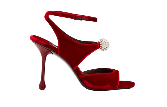 A red velvet heel with rhinestone accents.