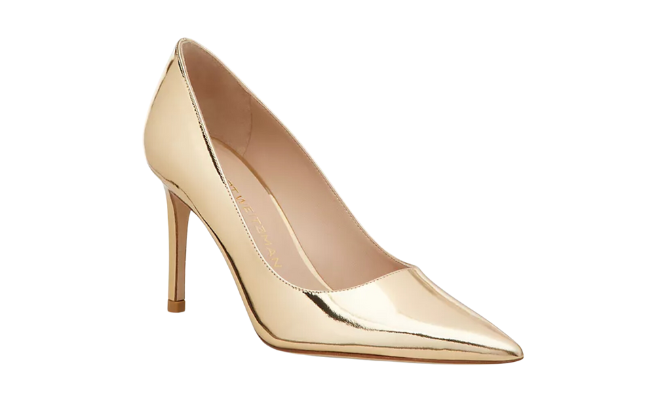 Gold metallic pumps is available at Saks Fifth Avenue.