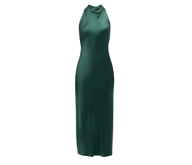 A green cowl-neck midi dress for your holiday engagement. 